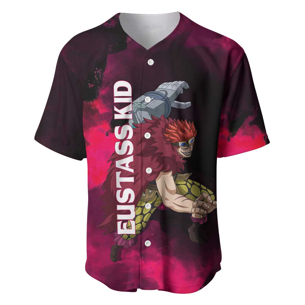 Eustass Kid One Piece Theme Red and Black Grunge Design Baseball Jersey with Mechanical Arm and Pirate Emblem - The Mazicc