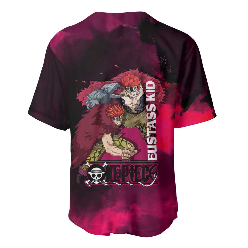 Eustass Kid One Piece Theme Red and Black Grunge Design Baseball Jersey with Mechanical Arm and Pirate Emblem - The Mazicc