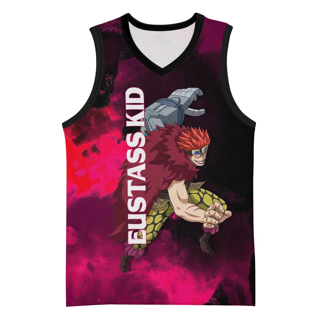 Eustass Kid One Piece Theme Red and Black Grunge Design Basketball Jersey with Mechanical Arm and Pirate Emblem - The Mazicc