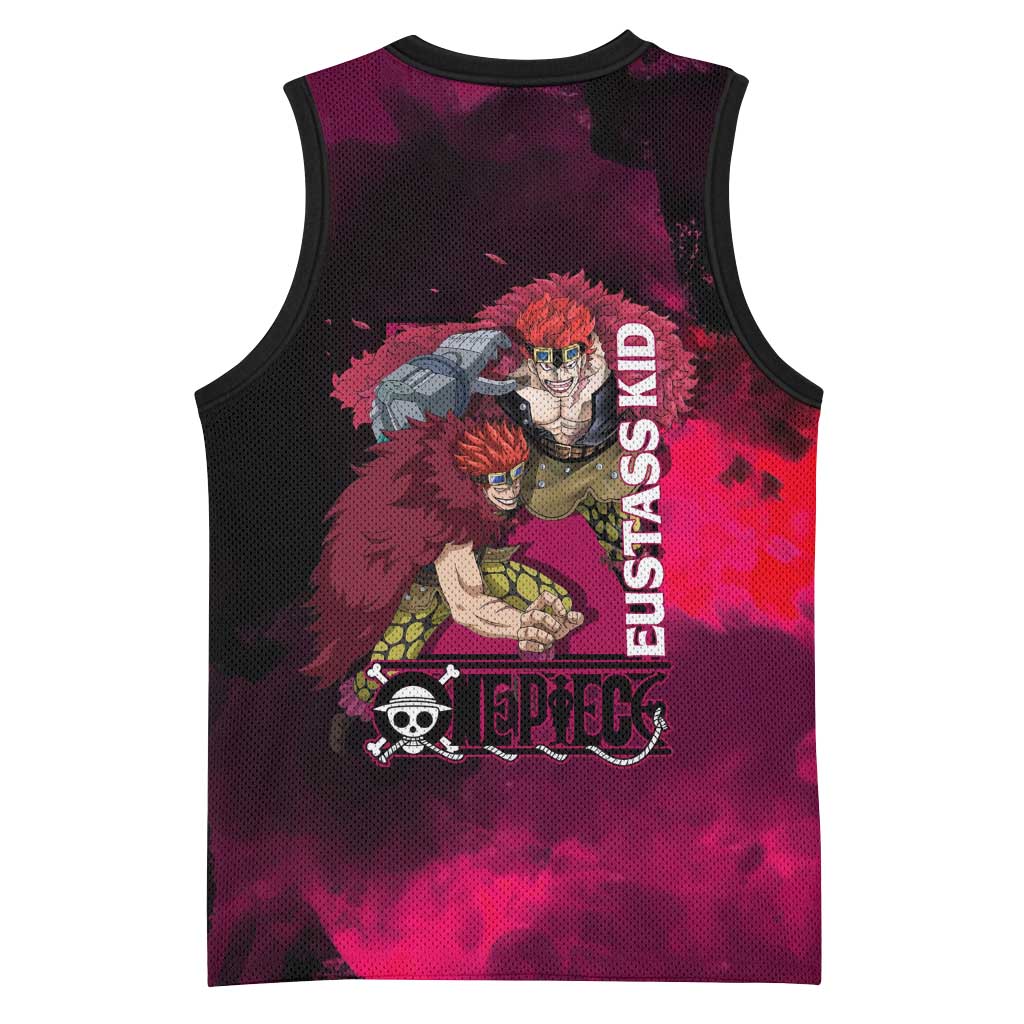 Eustass Kid One Piece Theme Red and Black Grunge Design Basketball Jersey with Mechanical Arm and Pirate Emblem - The Mazicc