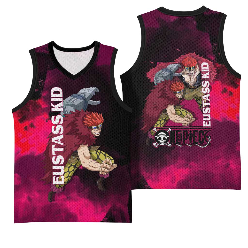 Eustass Kid One Piece Theme Red and Black Grunge Design Basketball Jersey with Mechanical Arm and Pirate Emblem - The Mazicc