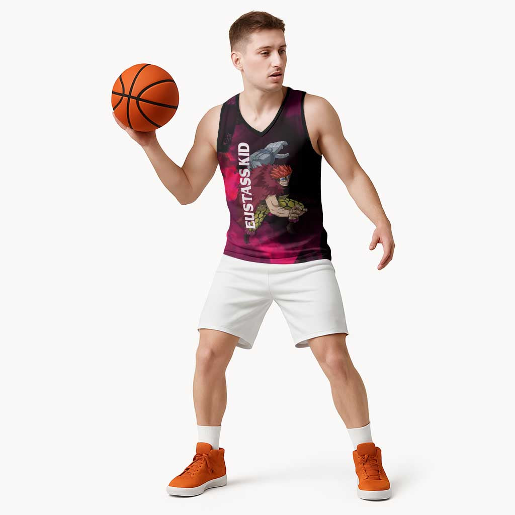 Eustass Kid One Piece Theme Red and Black Grunge Design Basketball Jersey with Mechanical Arm and Pirate Emblem - The Mazicc