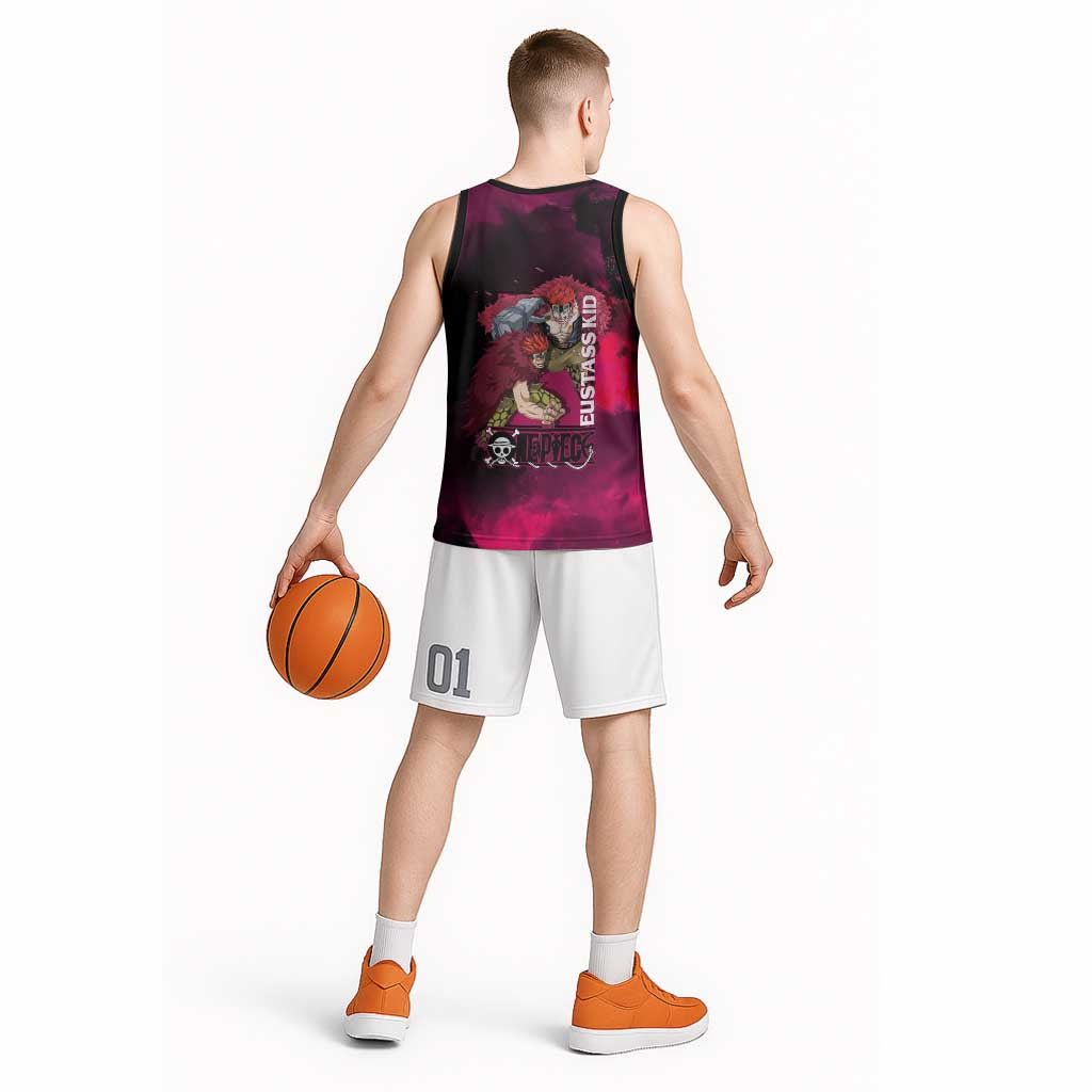 Eustass Kid One Piece Theme Red and Black Grunge Design Basketball Jersey with Mechanical Arm and Pirate Emblem - The Mazicc