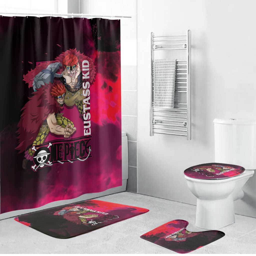 Eustass Kid One Piece Theme Red and Black Grunge Design Bathroom Set with Mechanical Arm and Pirate Emblem - The Mazicc