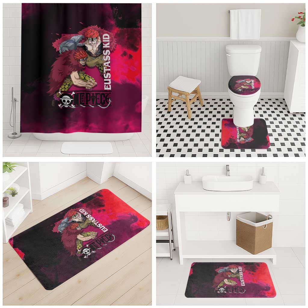 Eustass Kid One Piece Theme Red and Black Grunge Design Bathroom Set with Mechanical Arm and Pirate Emblem - The Mazicc