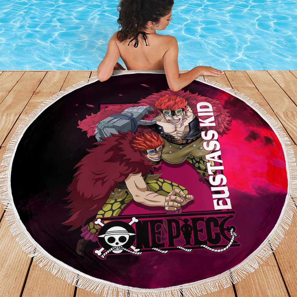 Eustass Kid One Piece Theme Red and Black Grunge Design Beach Blanket with Mechanical Arm and Pirate Emblem - The Mazicc