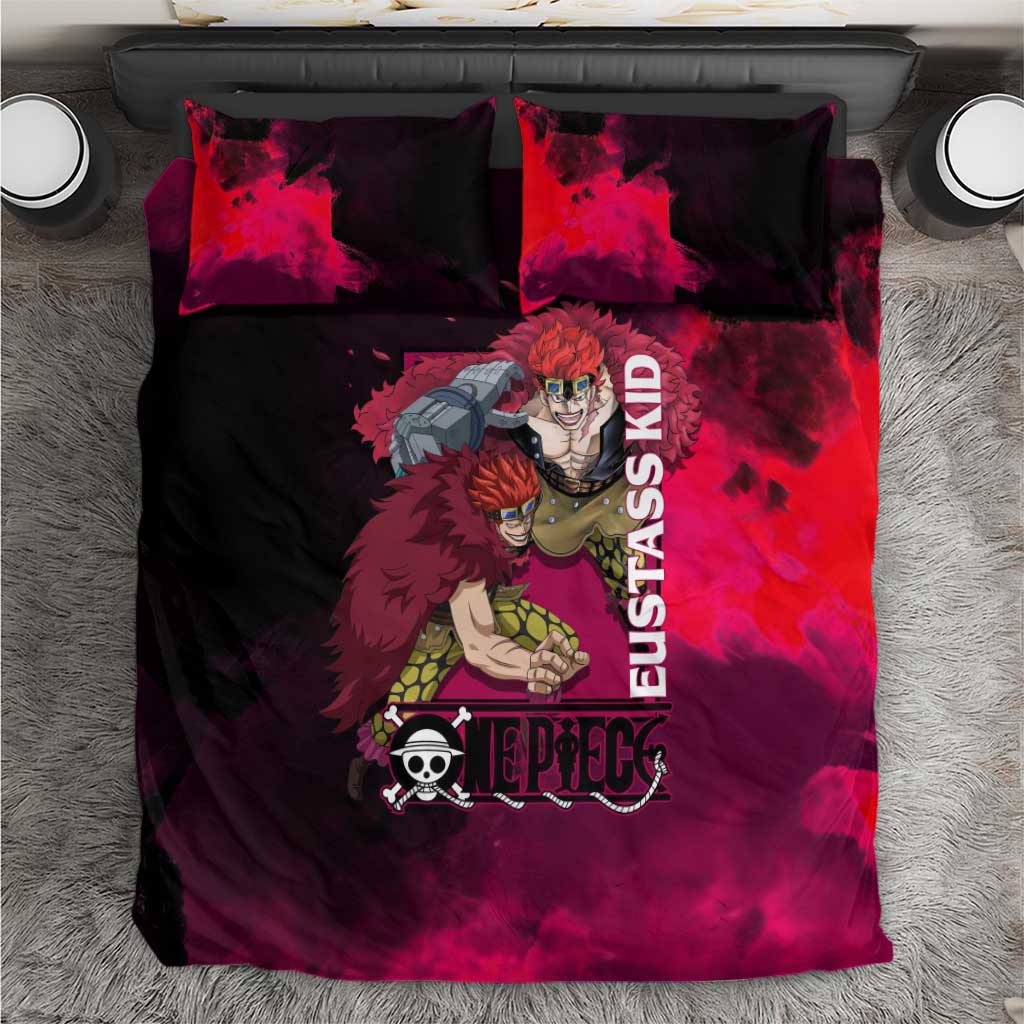 Eustass Kid One Piece Theme Red and Black Grunge Design Bedding Set with Mechanical Arm and Pirate Emblem - The Mazicc