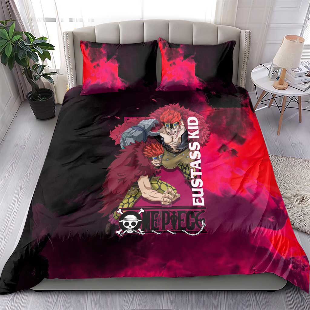 Eustass Kid One Piece Theme Red and Black Grunge Design Bedding Set with Mechanical Arm and Pirate Emblem - The Mazicc
