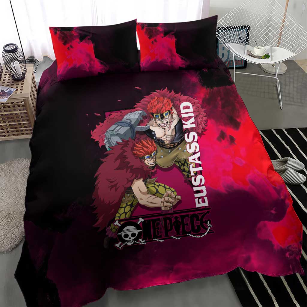 Eustass Kid One Piece Theme Red and Black Grunge Design Bedding Set with Mechanical Arm and Pirate Emblem - The Mazicc
