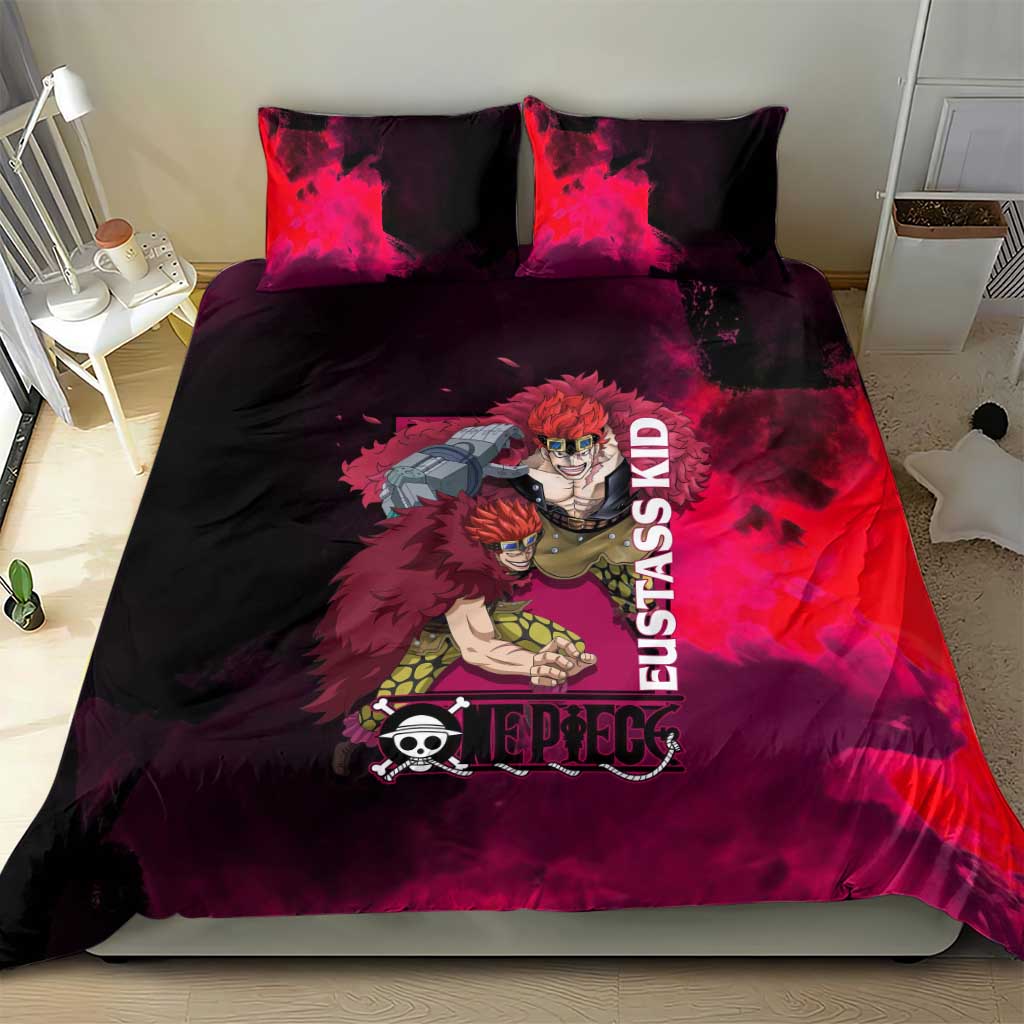 Eustass Kid One Piece Theme Red and Black Grunge Design Bedding Set with Mechanical Arm and Pirate Emblem - The Mazicc