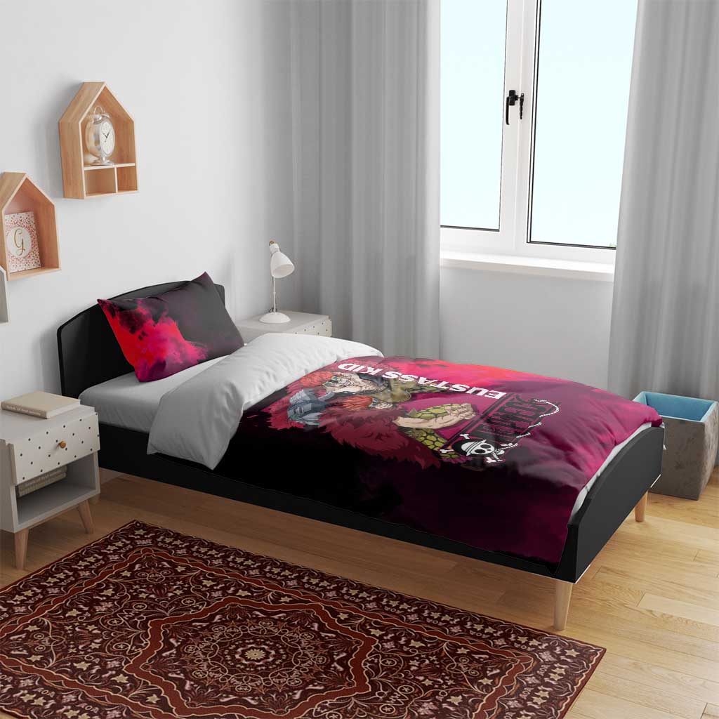 Eustass Kid One Piece Theme Red and Black Grunge Design Bedding Set with Mechanical Arm and Pirate Emblem - The Mazicc