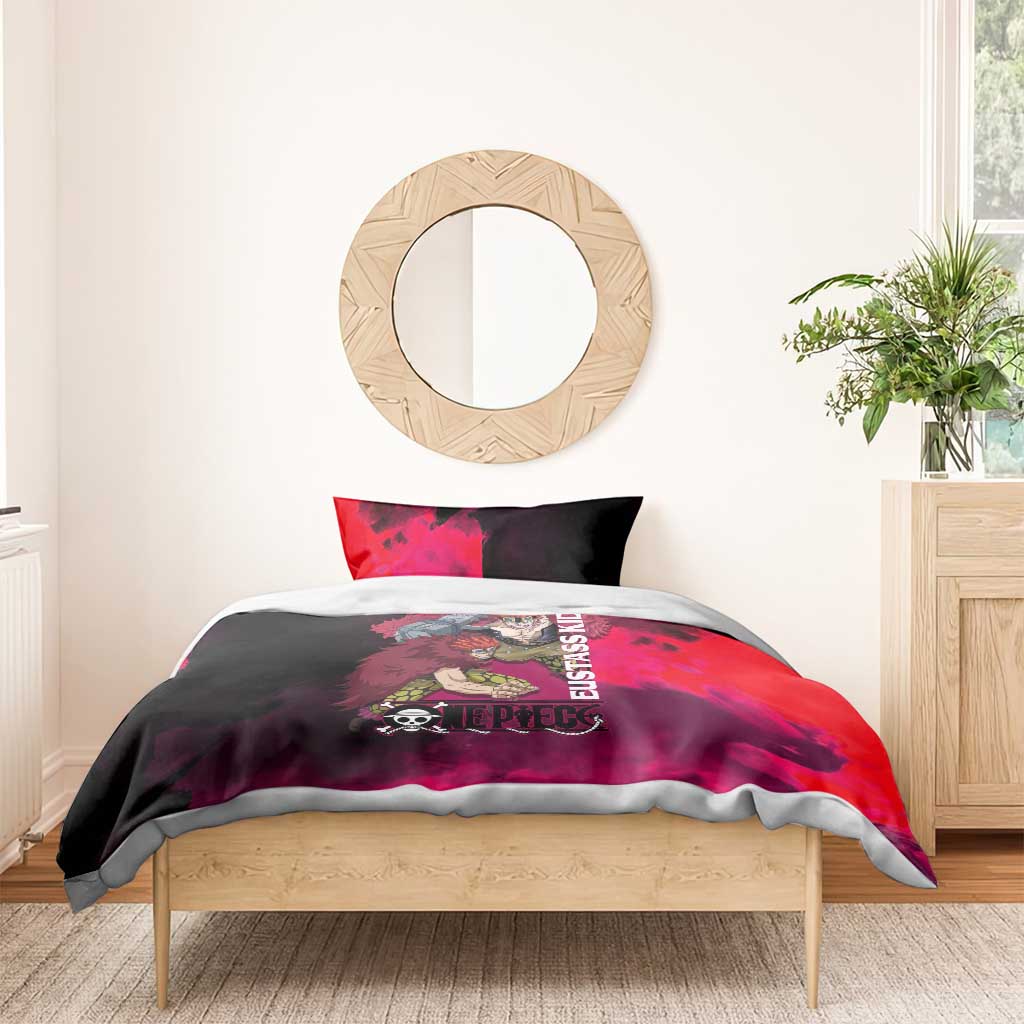 Eustass Kid One Piece Theme Red and Black Grunge Design Bedding Set with Mechanical Arm and Pirate Emblem - The Mazicc