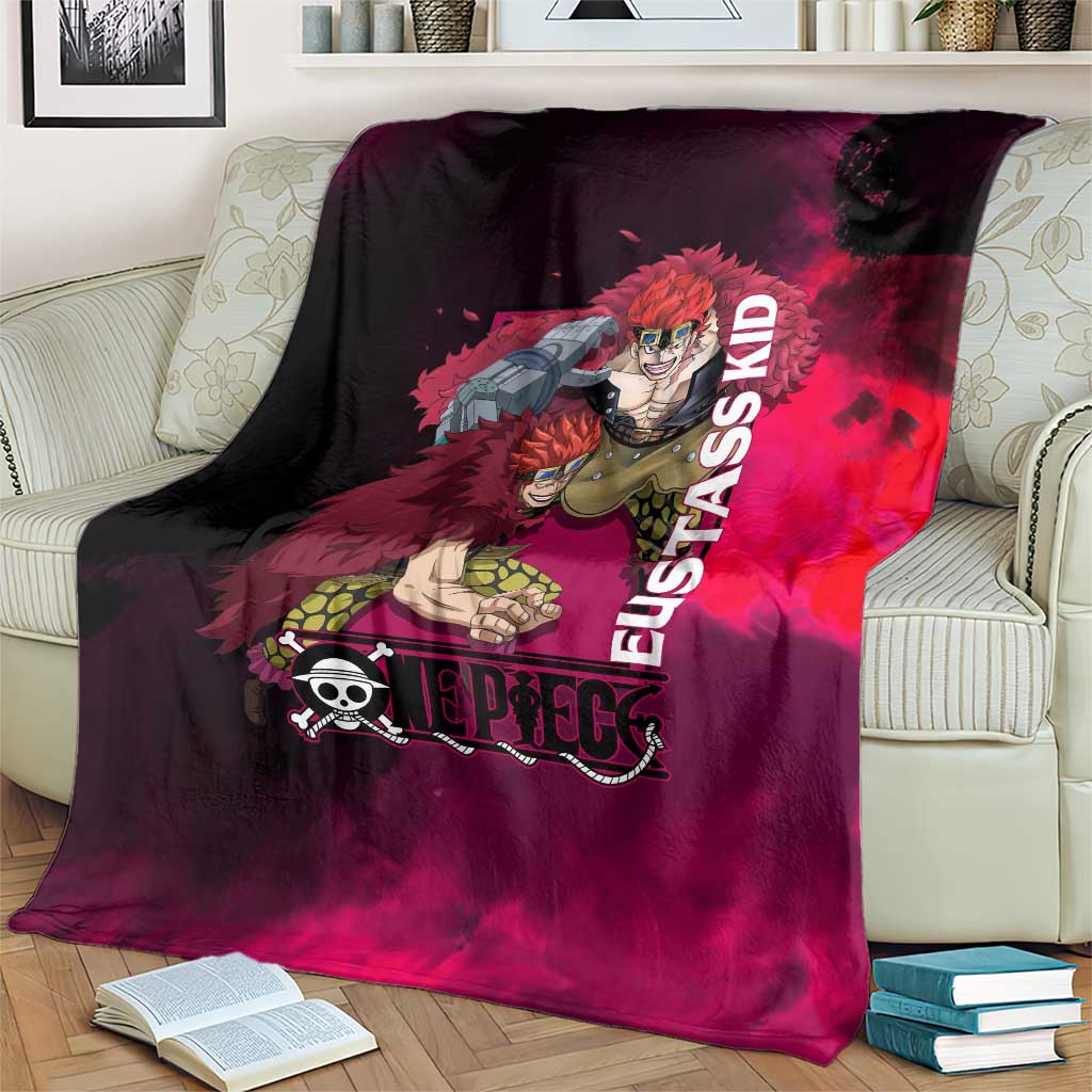 Eustass Kid One Piece Theme Red and Black Grunge Design Blanket with Mechanical Arm and Pirate Emblem - The Mazicc
