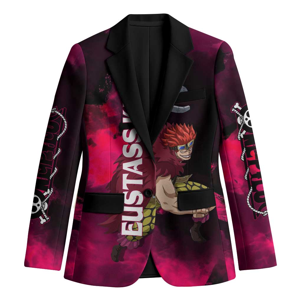Eustass Kid One Piece Theme Red and Black Grunge Design Blazer with Mechanical Arm and Pirate Emblem - The Mazicc