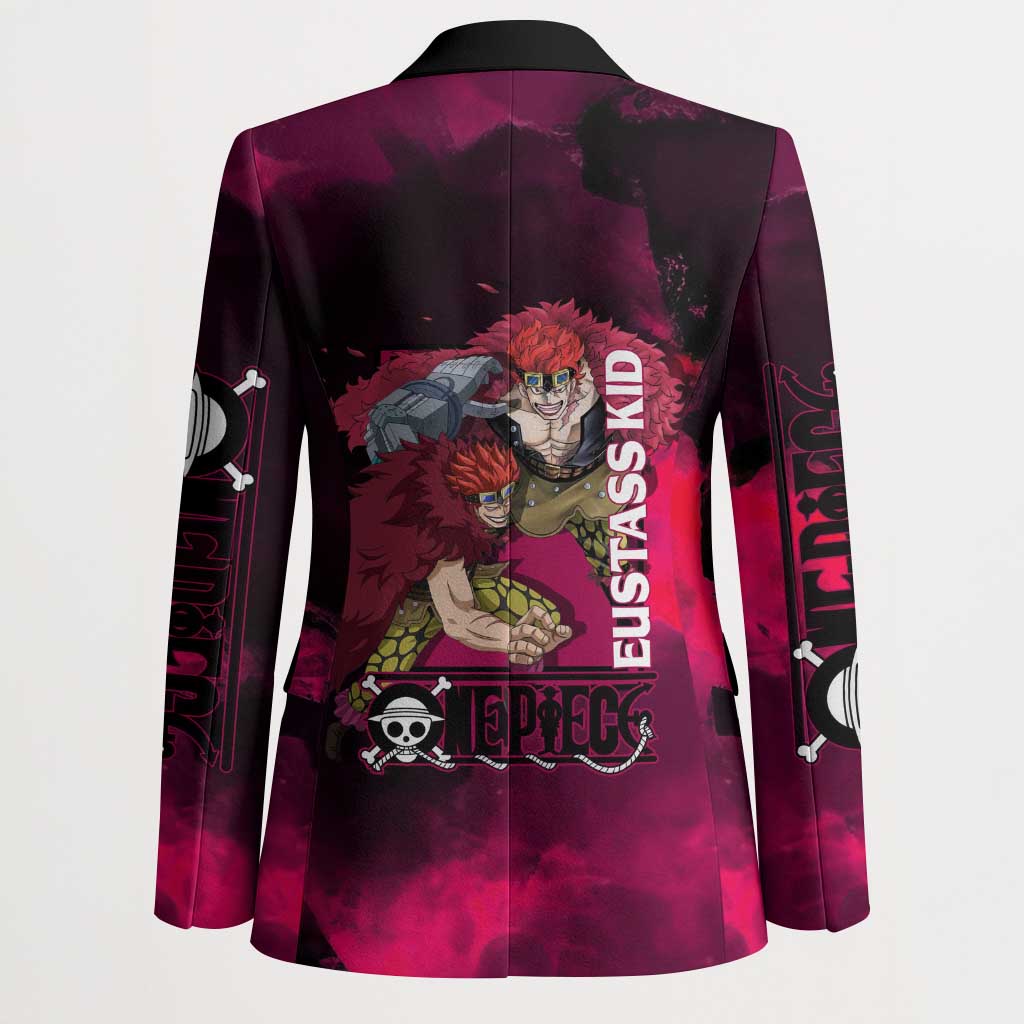 Eustass Kid One Piece Theme Red and Black Grunge Design Blazer with Mechanical Arm and Pirate Emblem - The Mazicc