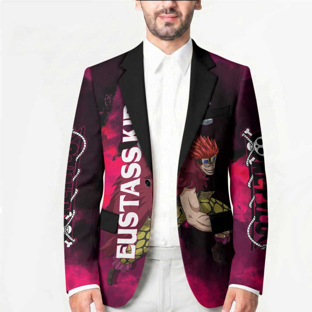 Eustass Kid One Piece Theme Red and Black Grunge Design Blazer with Mechanical Arm and Pirate Emblem - The Mazicc