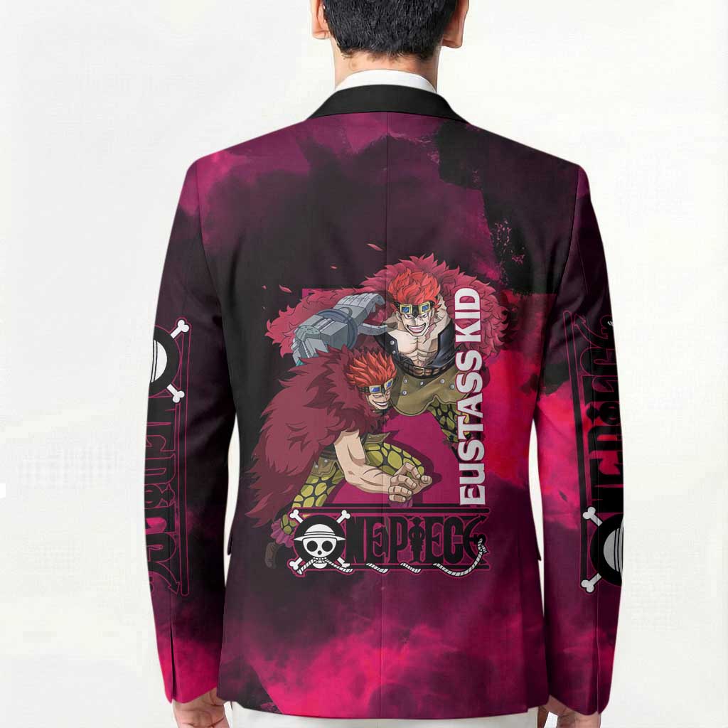 Eustass Kid One Piece Theme Red and Black Grunge Design Blazer with Mechanical Arm and Pirate Emblem - The Mazicc