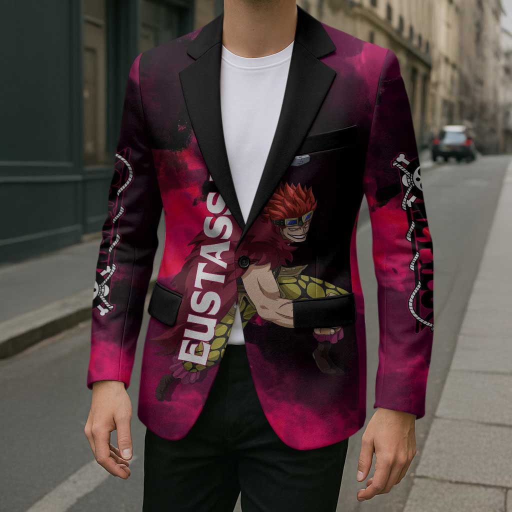 Eustass Kid One Piece Theme Red and Black Grunge Design Blazer with Mechanical Arm and Pirate Emblem - The Mazicc
