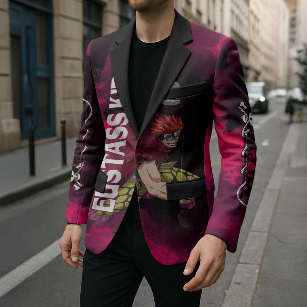 Eustass Kid One Piece Theme Red and Black Grunge Design Blazer with Mechanical Arm and Pirate Emblem - The Mazicc