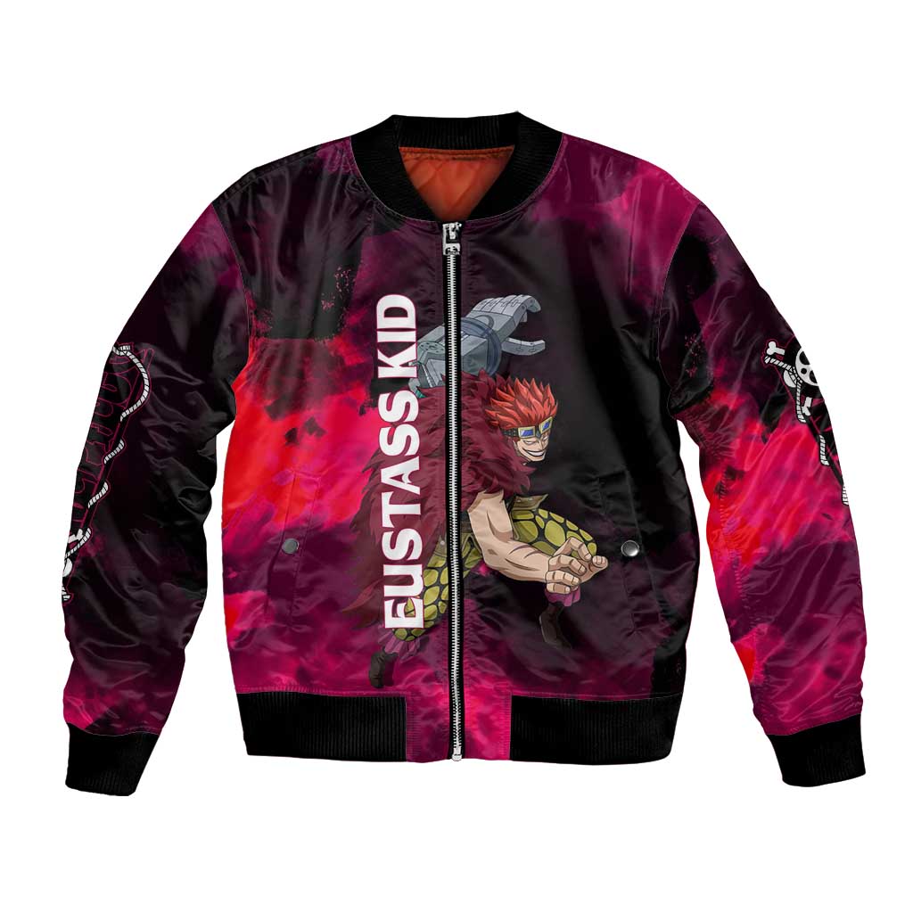 Eustass Kid One Piece Theme Red and Black Grunge Design Bomber Jacket with Mechanical Arm and Pirate Emblem - The Mazicc