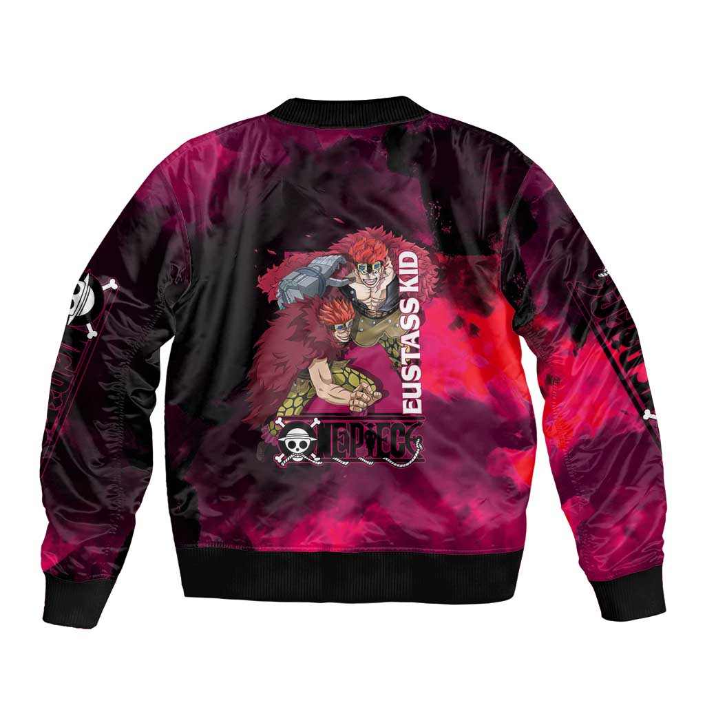Eustass Kid One Piece Theme Red and Black Grunge Design Bomber Jacket with Mechanical Arm and Pirate Emblem - The Mazicc
