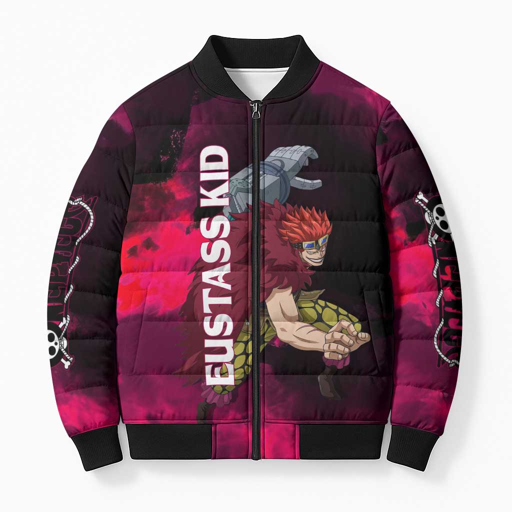Eustass Kid One Piece Theme Red and Black Grunge Design Bomber Puffer Jacket with Mechanical Arm and Pirate Emblem - The Mazicc