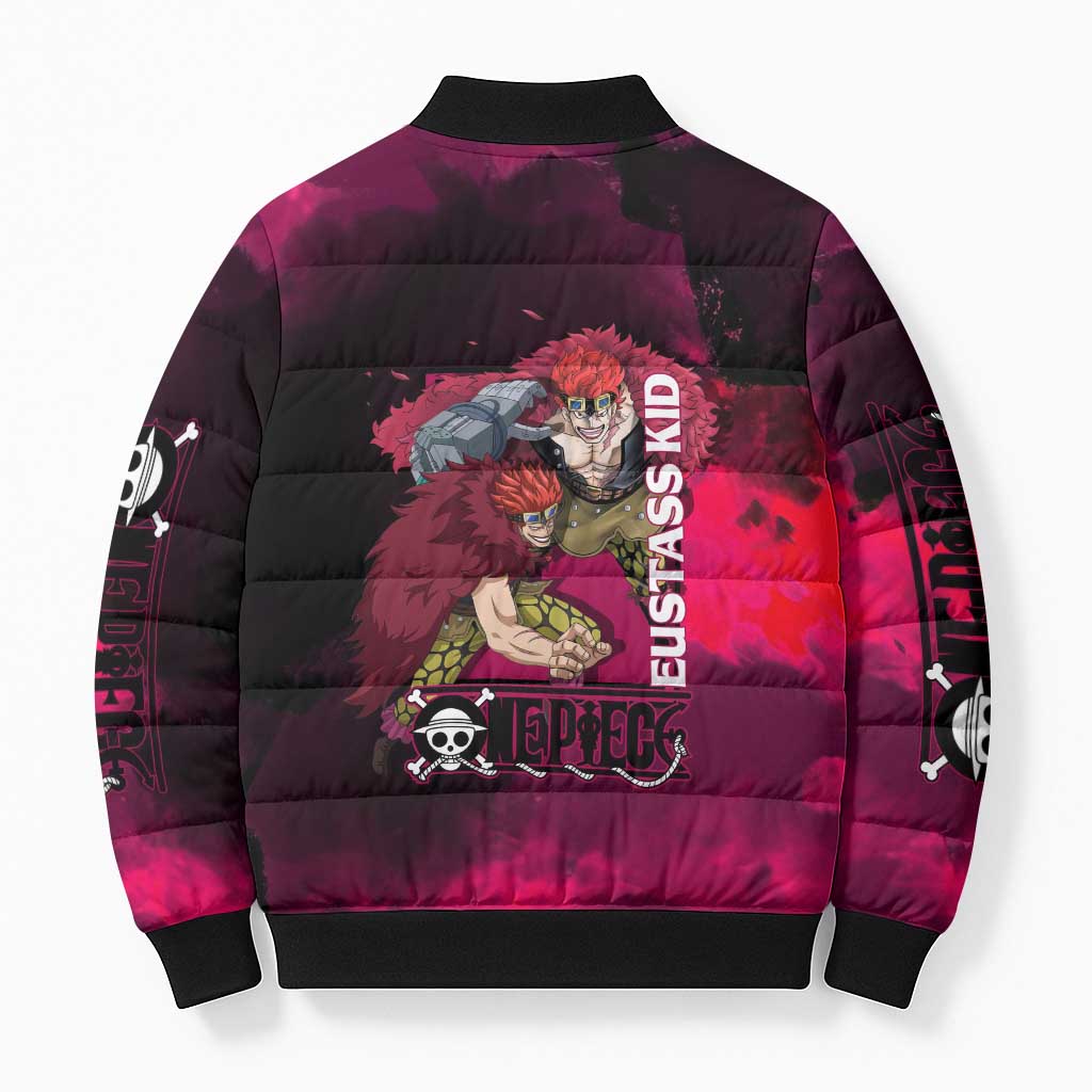 Eustass Kid One Piece Theme Red and Black Grunge Design Bomber Puffer Jacket with Mechanical Arm and Pirate Emblem - The Mazicc