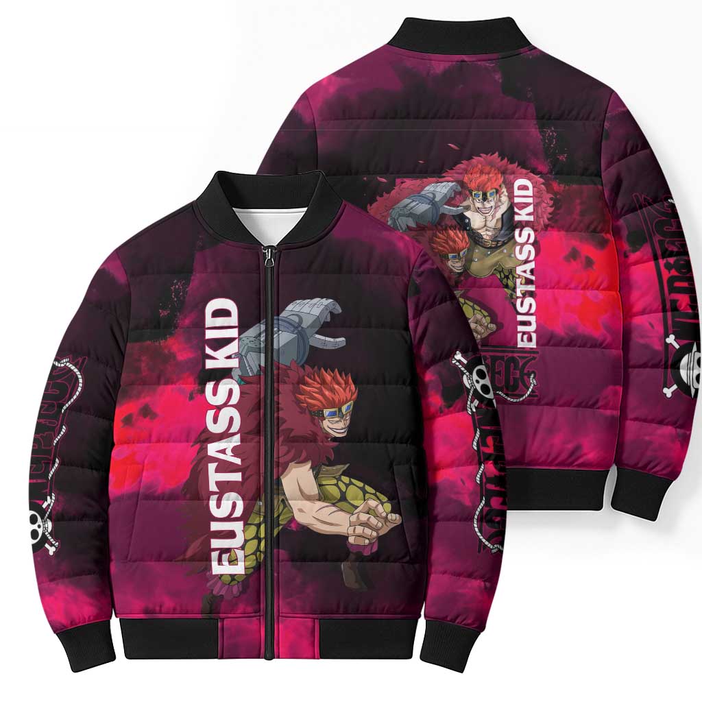 Eustass Kid One Piece Theme Red and Black Grunge Design Bomber Puffer Jacket with Mechanical Arm and Pirate Emblem - The Mazicc