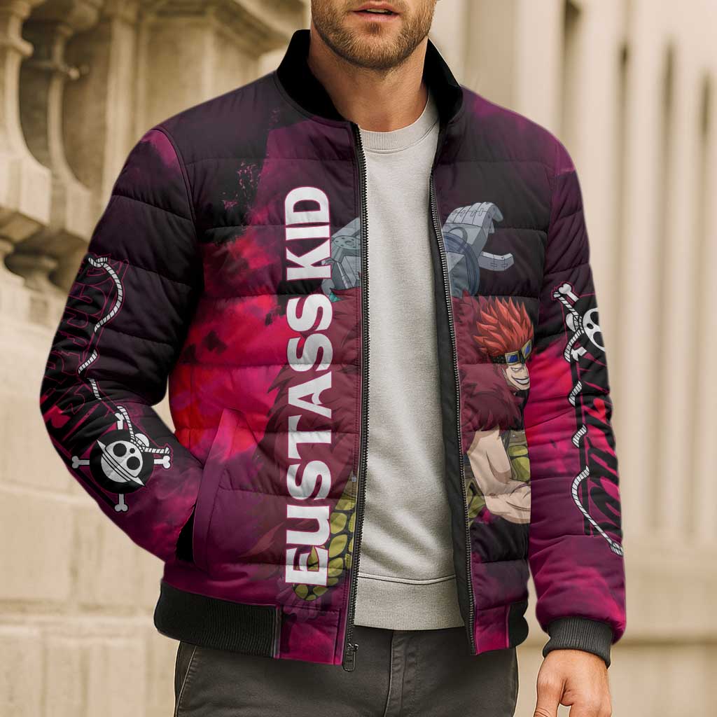 Eustass Kid One Piece Theme Red and Black Grunge Design Bomber Puffer Jacket with Mechanical Arm and Pirate Emblem - The Mazicc