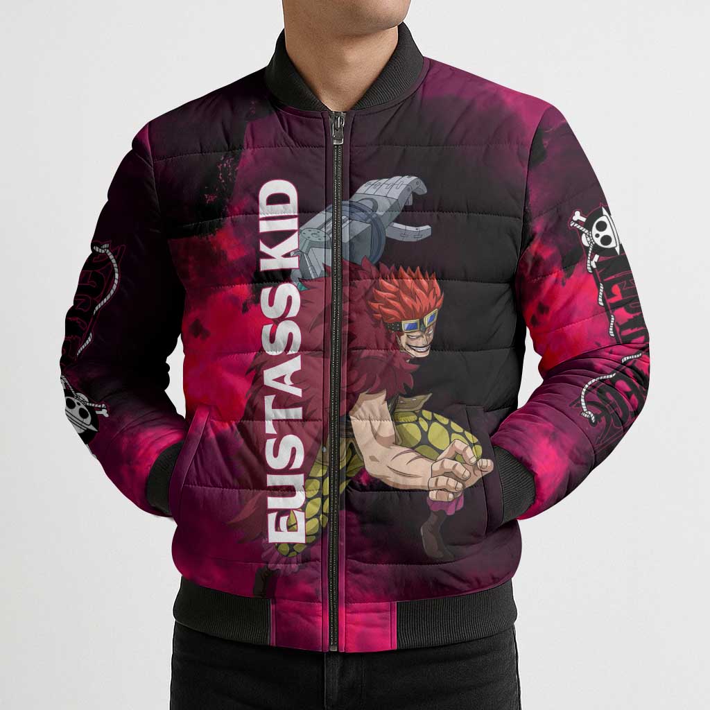 Eustass Kid One Piece Theme Red and Black Grunge Design Bomber Puffer Jacket with Mechanical Arm and Pirate Emblem - The Mazicc