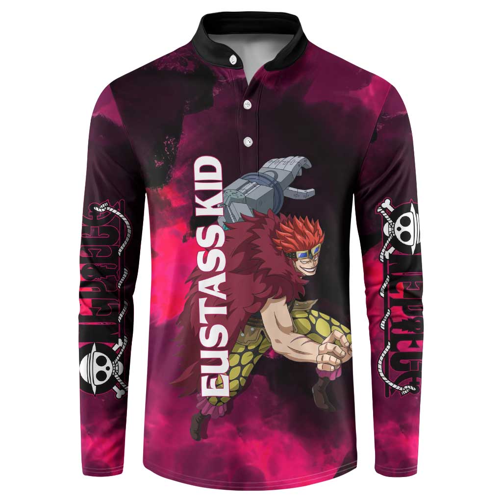 Eustass Kid One Piece Theme Red and Black Grunge Design Button Sweatshirt with Mechanical Arm and Pirate Emblem - The Mazicc