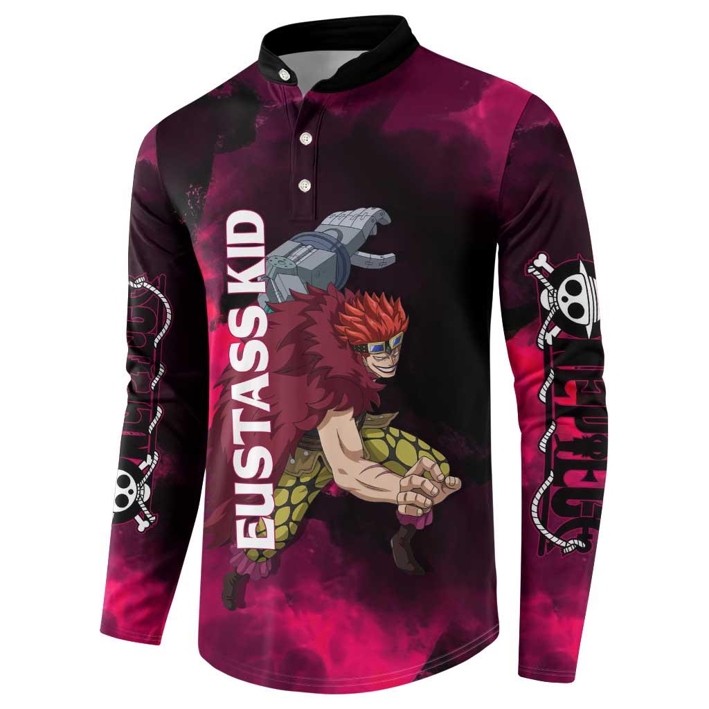Eustass Kid One Piece Theme Red and Black Grunge Design Button Sweatshirt with Mechanical Arm and Pirate Emblem - The Mazicc