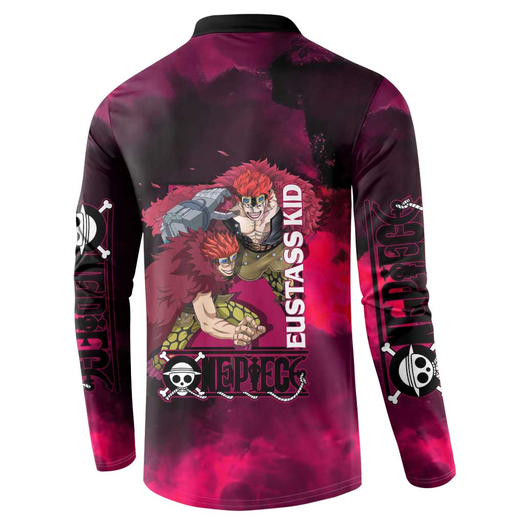 Eustass Kid One Piece Theme Red and Black Grunge Design Button Sweatshirt with Mechanical Arm and Pirate Emblem - The Mazicc
