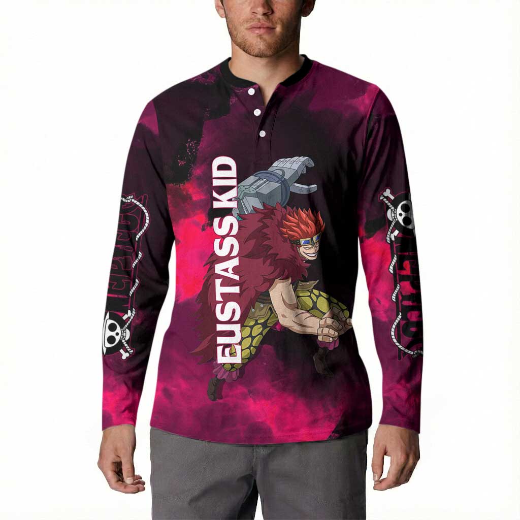 Eustass Kid One Piece Theme Red and Black Grunge Design Button Sweatshirt with Mechanical Arm and Pirate Emblem - The Mazicc