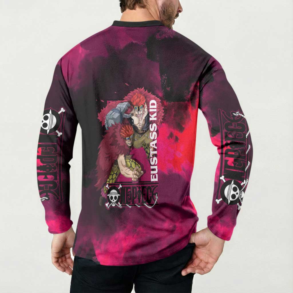 Eustass Kid One Piece Theme Red and Black Grunge Design Button Sweatshirt with Mechanical Arm and Pirate Emblem - The Mazicc