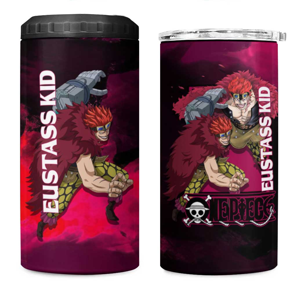 Eustass Kid One Piece Theme Red and Black Grunge Design 4 in 1 Can Cooler Tumbler with Mechanical Arm and Pirate Emblem - The Mazicc
