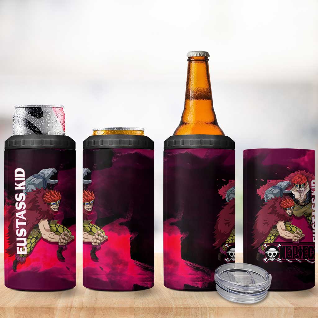 Eustass Kid One Piece Theme Red and Black Grunge Design 4 in 1 Can Cooler Tumbler with Mechanical Arm and Pirate Emblem - The Mazicc