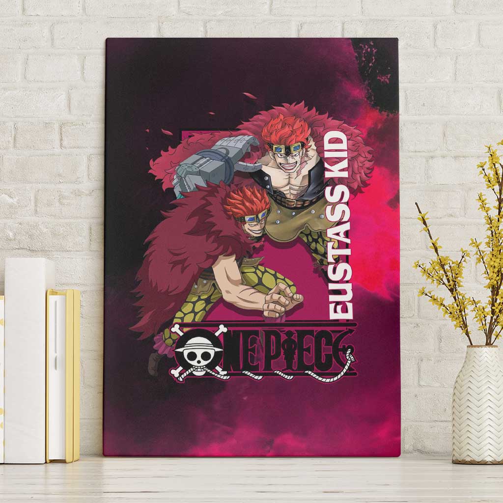 Eustass Kid One Piece Theme Red and Black Grunge Design Canvas Wall Art with Mechanical Arm and Pirate Emblem - The Mazicc