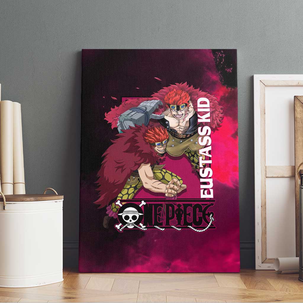 Eustass Kid One Piece Theme Red and Black Grunge Design Canvas Wall Art with Mechanical Arm and Pirate Emblem - The Mazicc