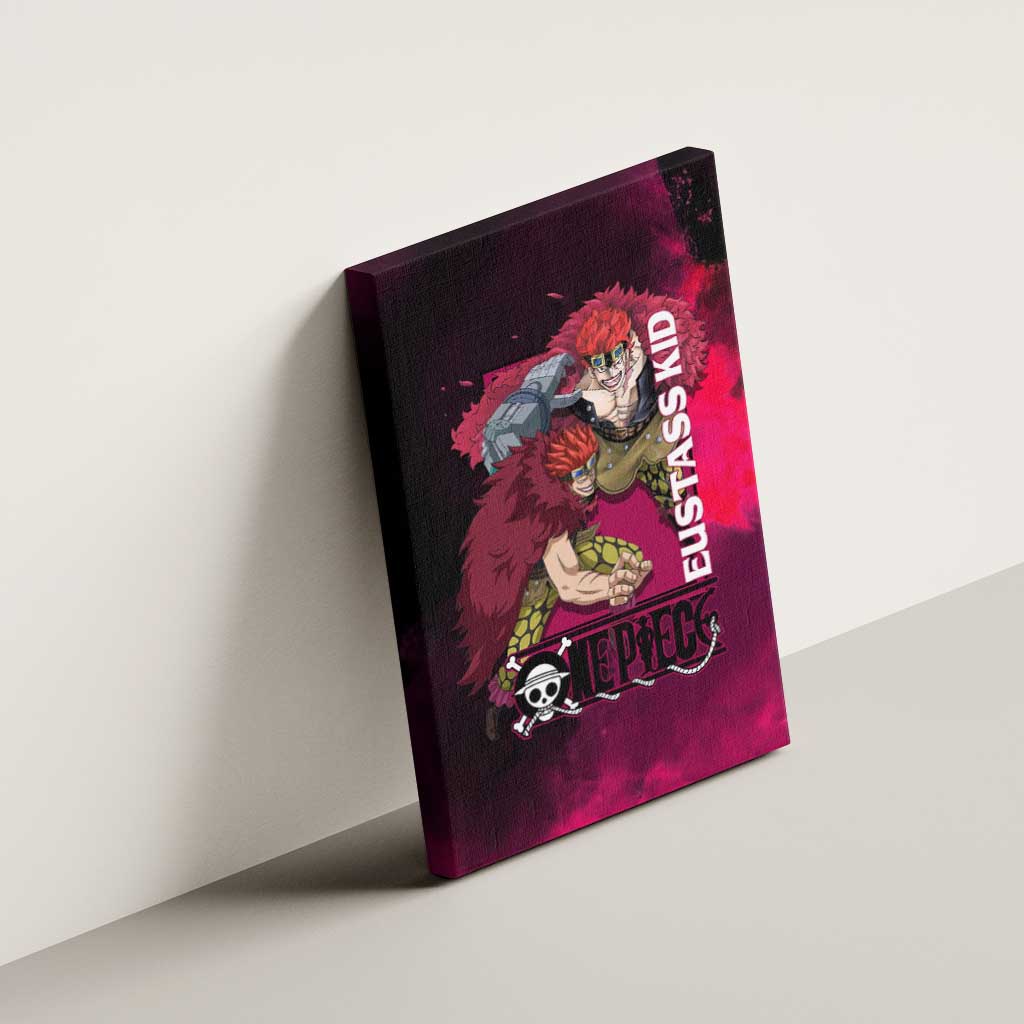 Eustass Kid One Piece Theme Red and Black Grunge Design Canvas Wall Art with Mechanical Arm and Pirate Emblem - The Mazicc