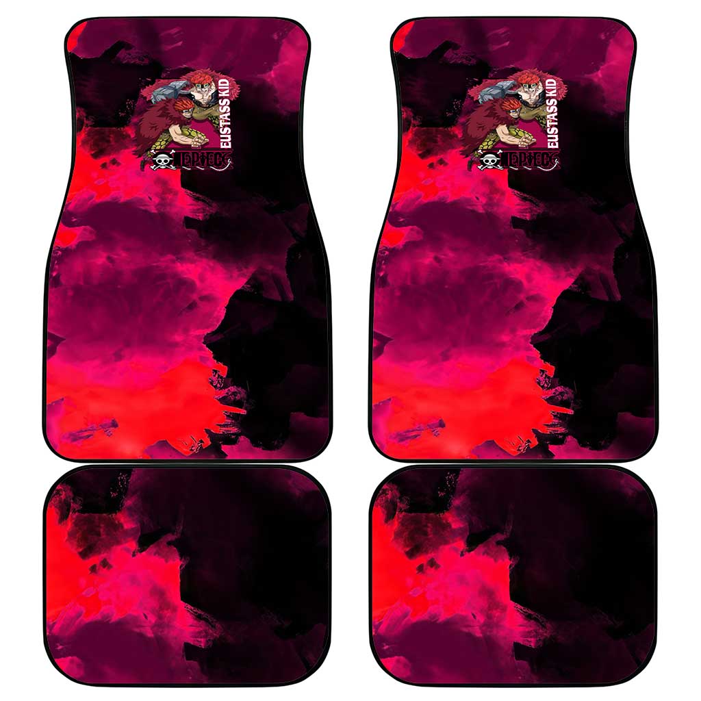 Eustass Kid One Piece Theme Red and Black Grunge Design Car Mats with Mechanical Arm and Pirate Emblem - The Mazicc