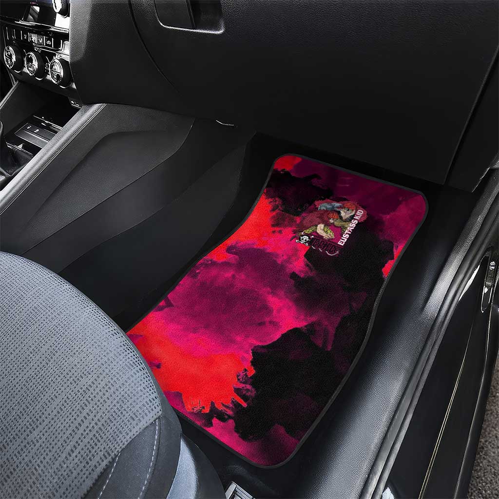 Eustass Kid One Piece Theme Red and Black Grunge Design Car Mats with Mechanical Arm and Pirate Emblem - The Mazicc