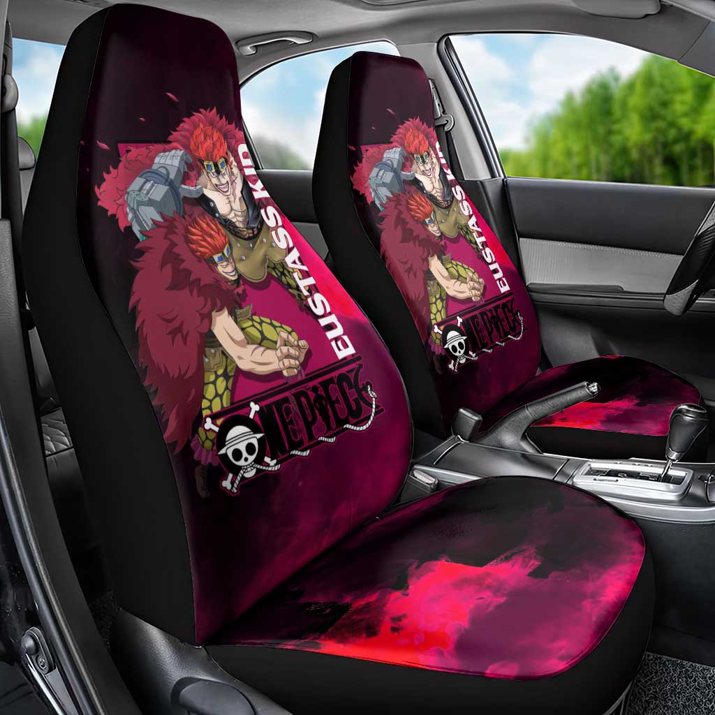 Eustass Kid One Piece Theme Red and Black Grunge Design Car Seat Cover with Mechanical Arm and Pirate Emblem - The Mazicc