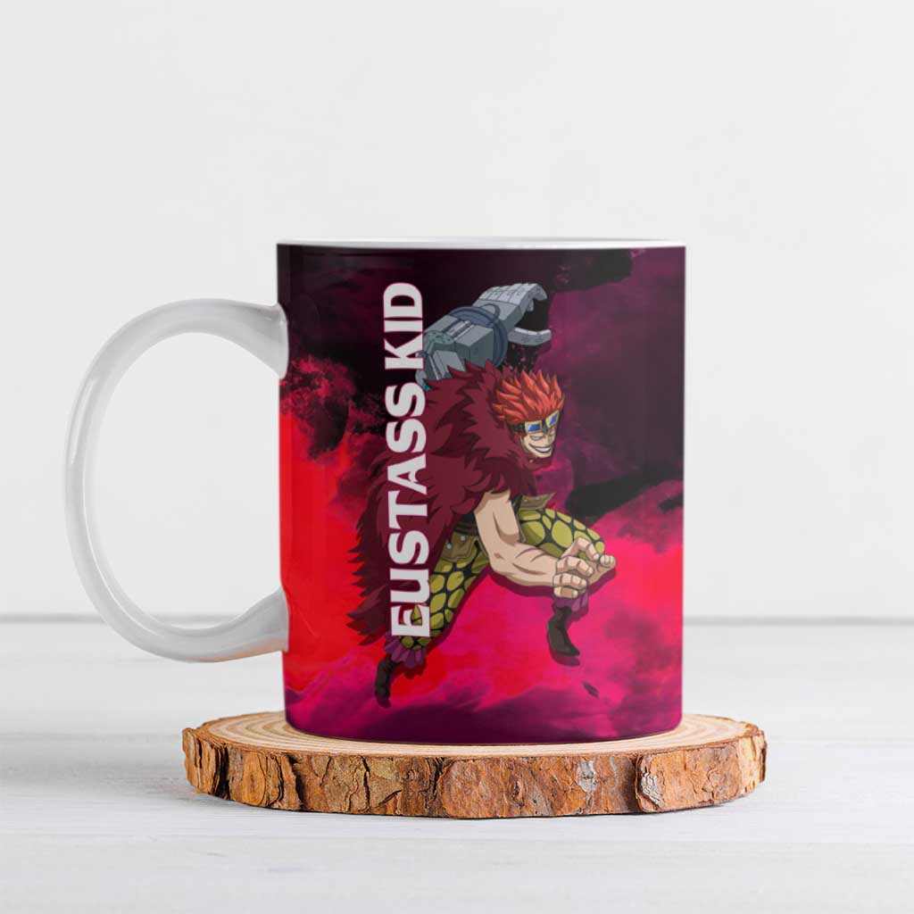 Eustass Kid One Piece Theme Red and Black Grunge Design Ceramic Mug with Mechanical Arm and Pirate Emblem - The Mazicc