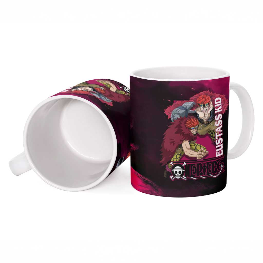 Eustass Kid One Piece Theme Red and Black Grunge Design Ceramic Mug with Mechanical Arm and Pirate Emblem - The Mazicc