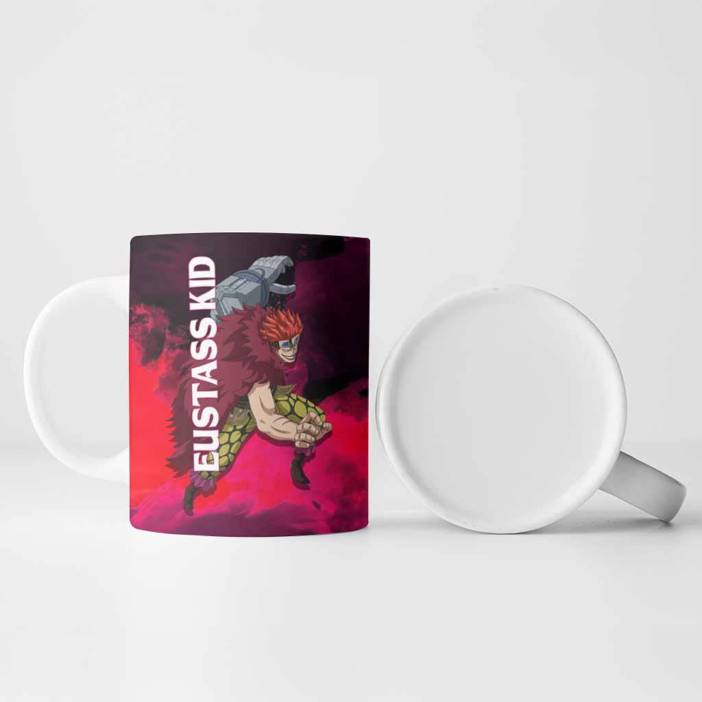 Eustass Kid One Piece Theme Red and Black Grunge Design Ceramic Mug with Mechanical Arm and Pirate Emblem - The Mazicc