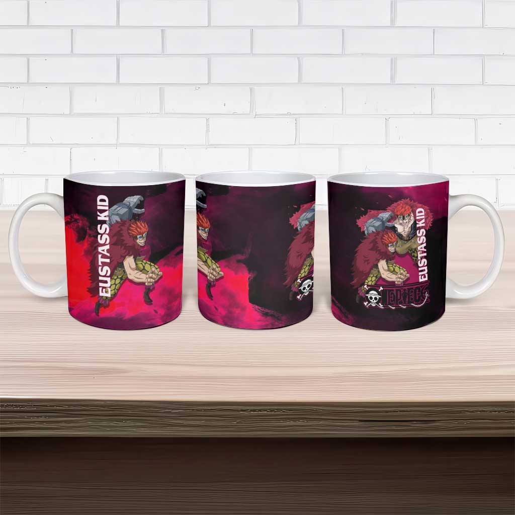 Eustass Kid One Piece Theme Red and Black Grunge Design Ceramic Mug with Mechanical Arm and Pirate Emblem - The Mazicc