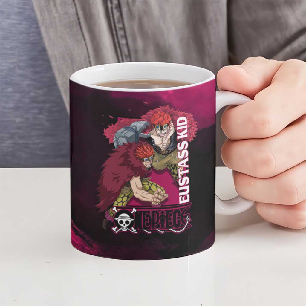 Eustass Kid One Piece Theme Red and Black Grunge Design Ceramic Mug with Mechanical Arm and Pirate Emblem - The Mazicc