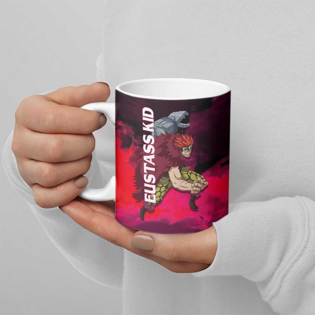 Eustass Kid One Piece Theme Red and Black Grunge Design Ceramic Mug with Mechanical Arm and Pirate Emblem - The Mazicc