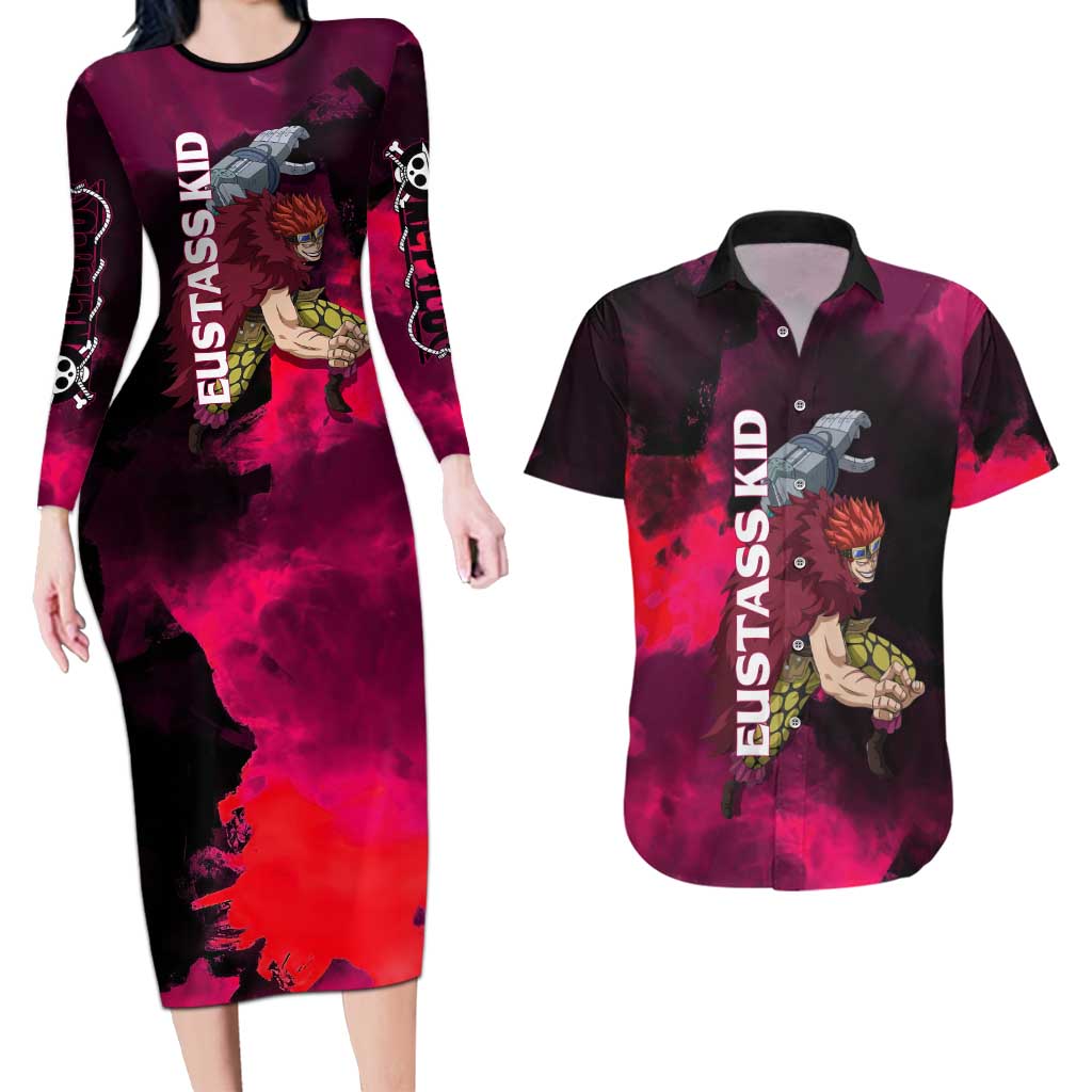 Eustass Kid One Piece Theme Red and Black Grunge Design Couples Matching Long Sleeve Bodycon Dress and Hawaiian Shirt with Mechanical Arm and Pirate Emblem - The Mazicc